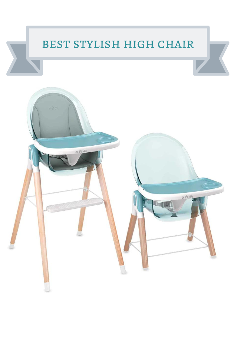two blue high chair with light wooden legs, one tall, one short