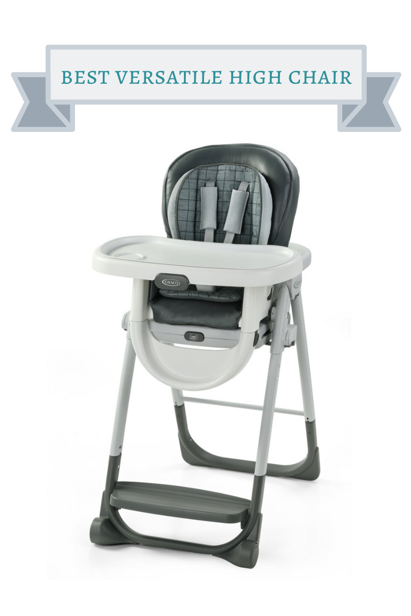 grey plaid graco high chair with white tray and legs