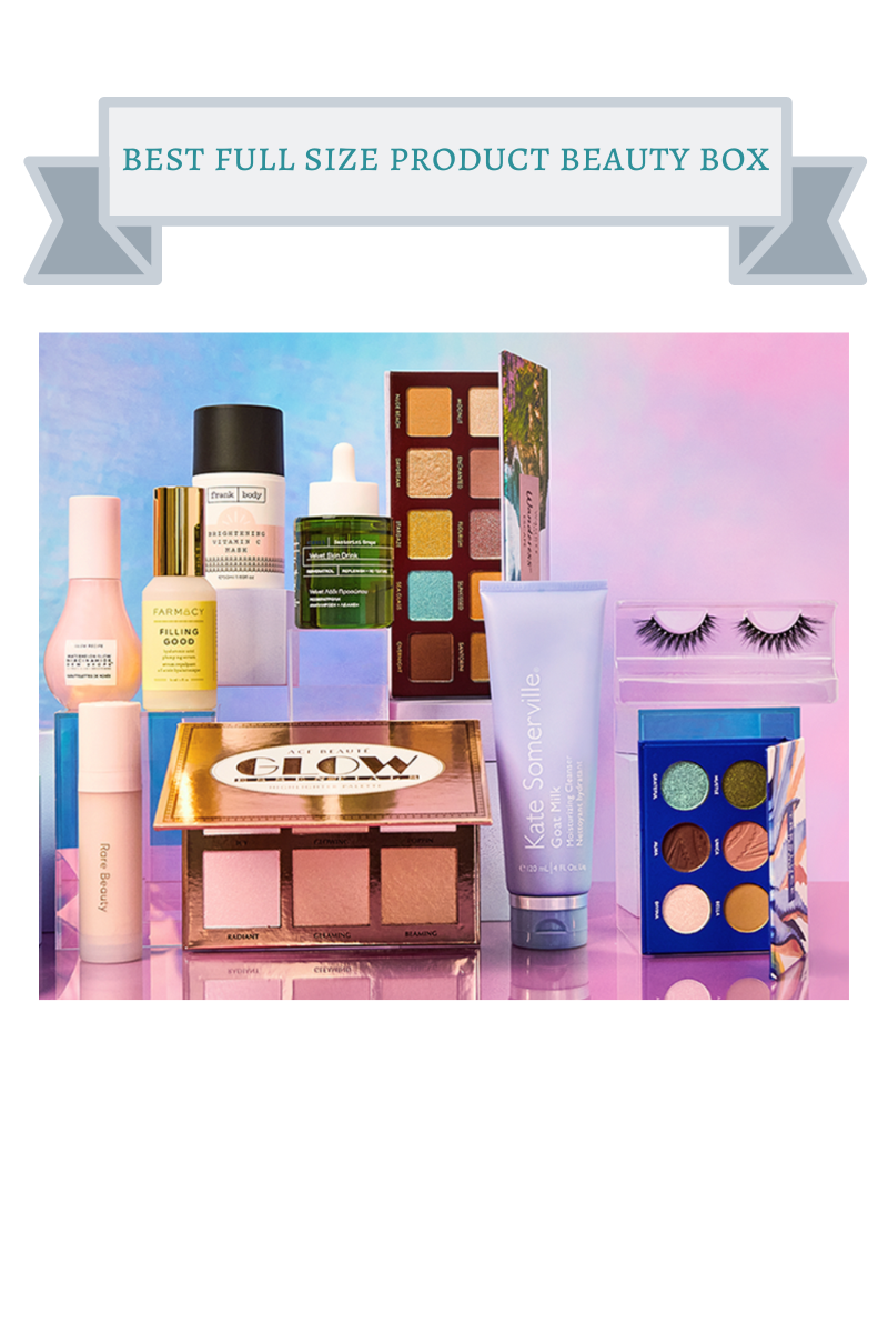 various makeup products like black false eyelashes, eyeshadow palettes with gold, bronze and blue colors, blue, pink, yellow and green bottles of skincare products against blue, pink and purple ombre background