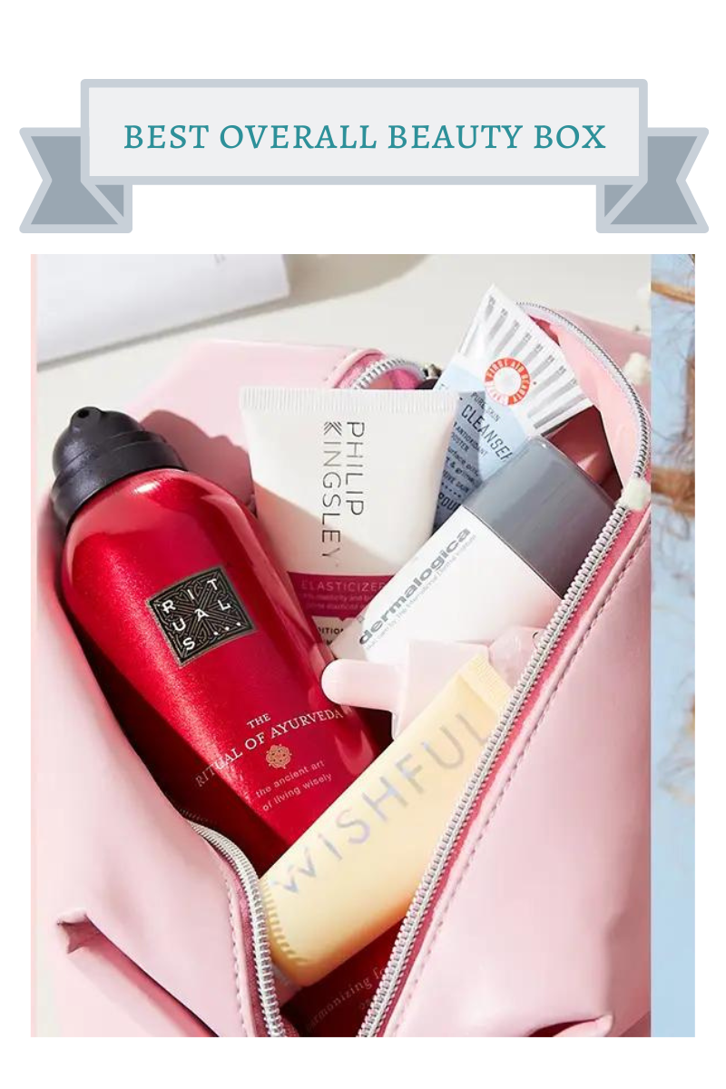 red, white and yellow skincare product bottles in light pink bag