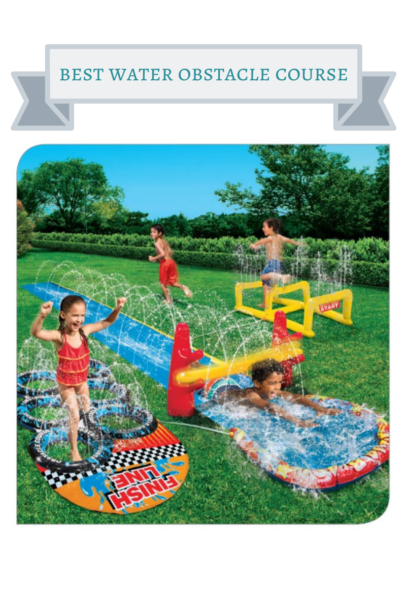 kids playing in red, yellow and blue water obstacle course with tire jump sprinkler, hurdle sprinkler and pole slide