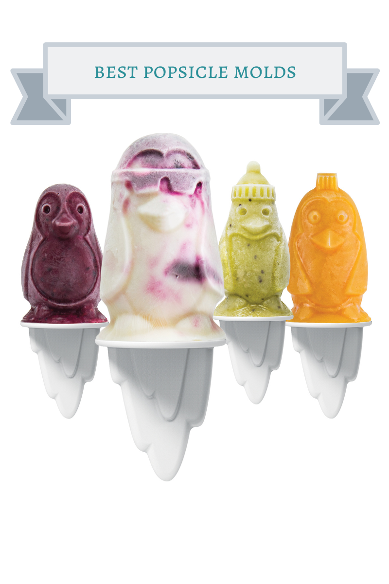 purple and white, green and orange penguin popsicles in popsicle mold