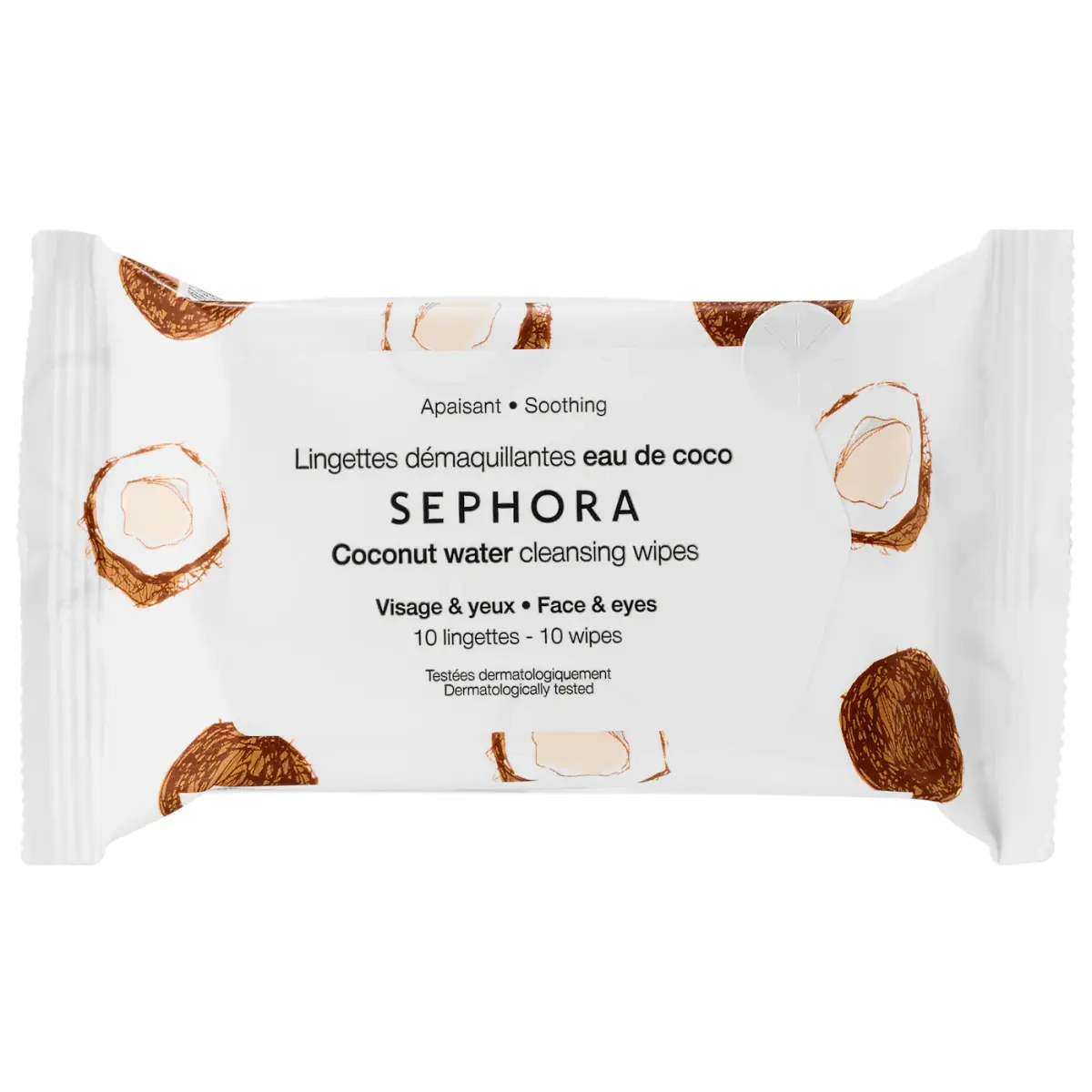 white package of sephora cleansing wipes with brown coconuts on it