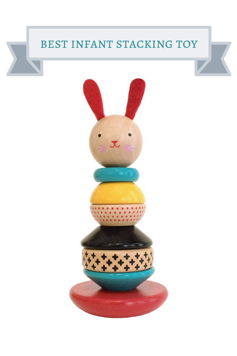 rabbit wooden stacking toy with red, turquoise, yellow and black pieces