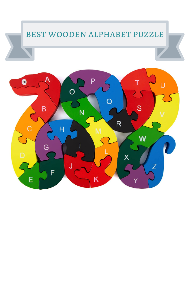 rainbow colored wooden snake puzzle with alphabet letters