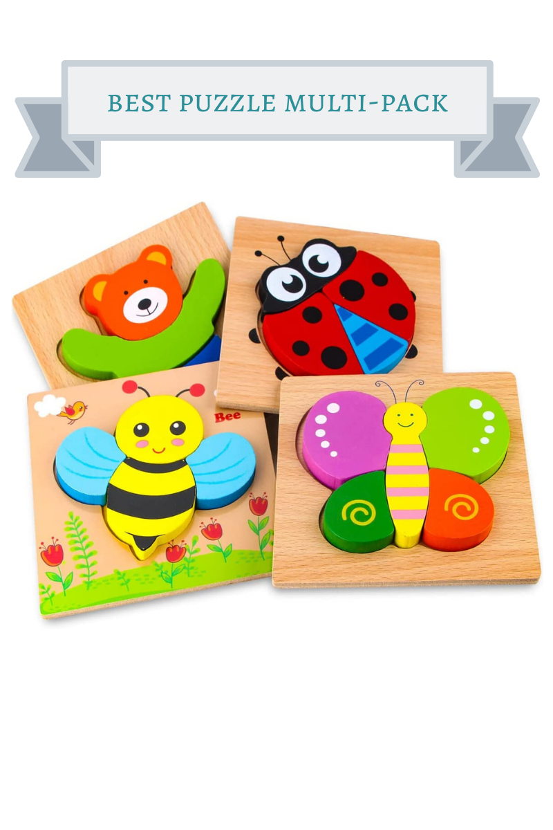 bear, ladybug, bee and butterfly wooden puzzles in bright rainbow colors