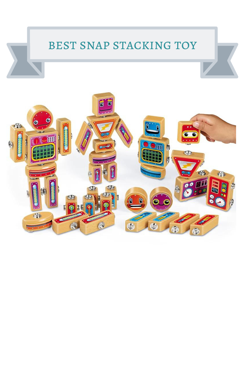 wooden robot snap snacking toy in red, purple and blue
