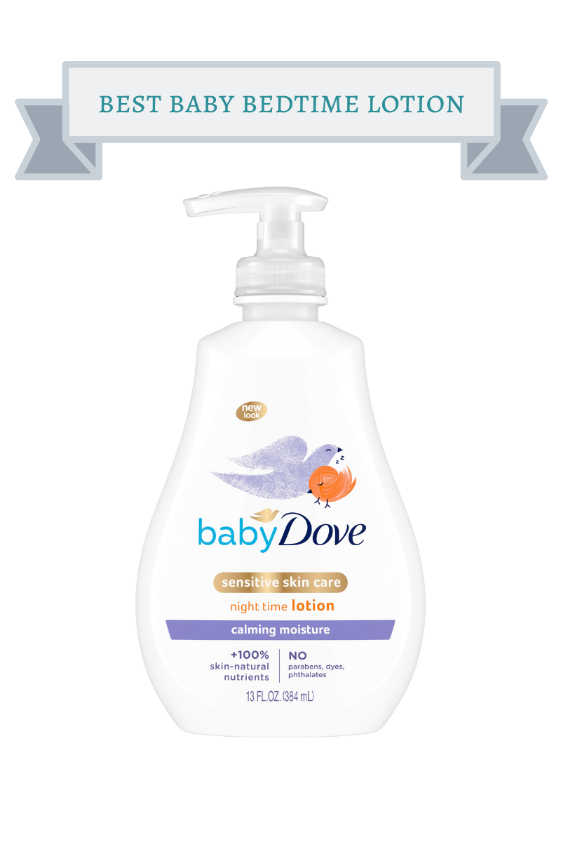 white bottle of baby dove night time lotion with purple dove and little red bird on label