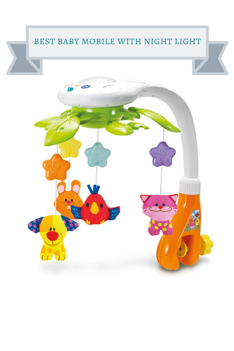 baby mobile with bright colored red, orange, pink and blue rabbit, bird, dog and cat