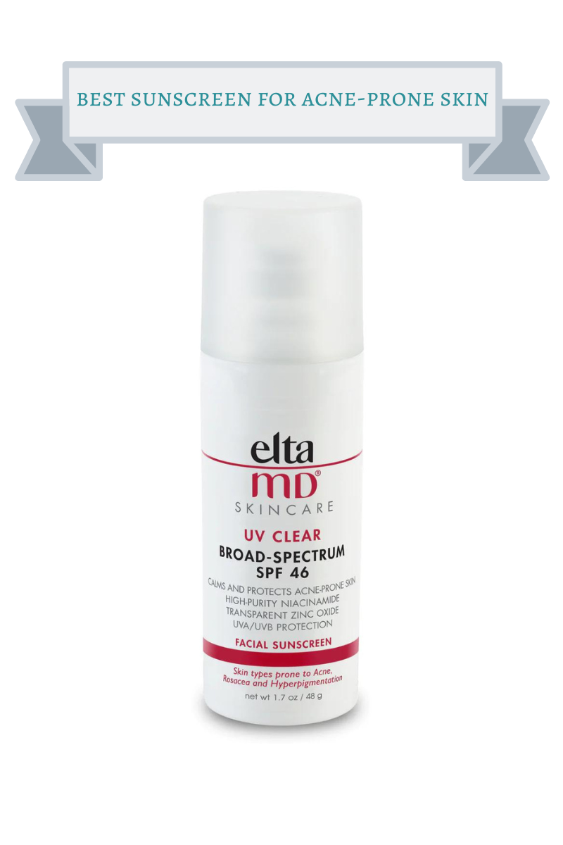white bottle with black and red letters of elta md skincare broad spectrum sunscreen