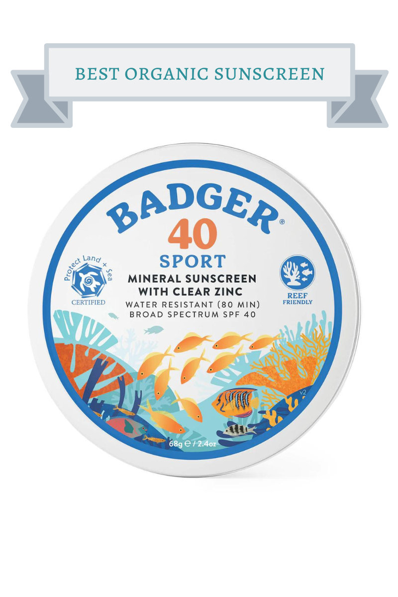 white tin of badger sport mineral sunscreen with orange turquiose fish and reefs