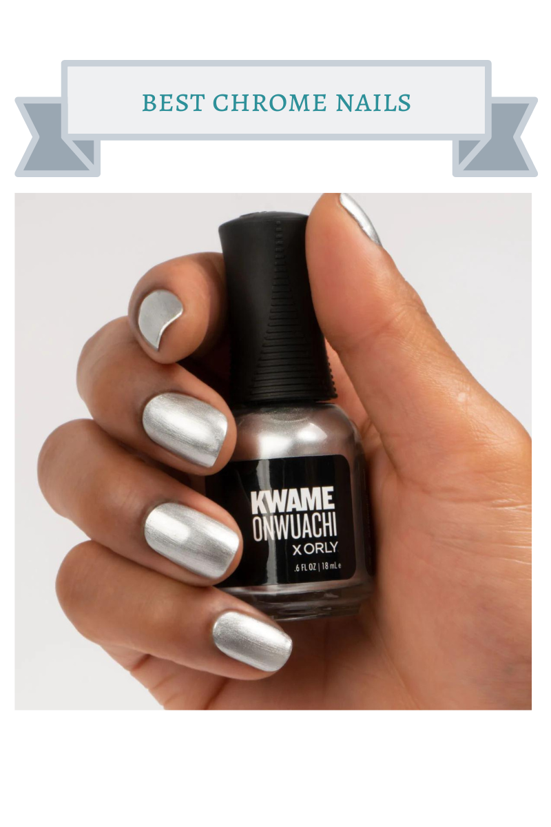 silver chrome nails on hand holding orly nail polish bottle