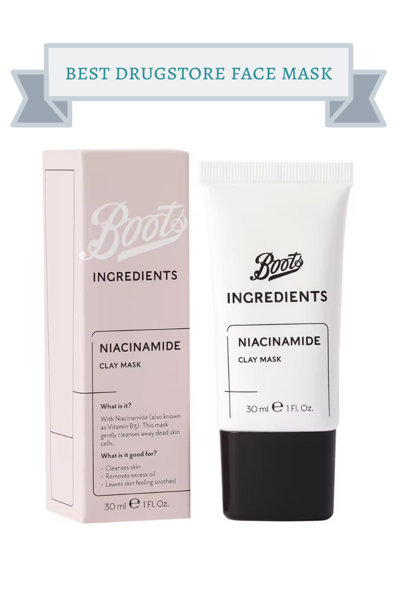 white tube of boots niacinamide clay mask next to light pink box