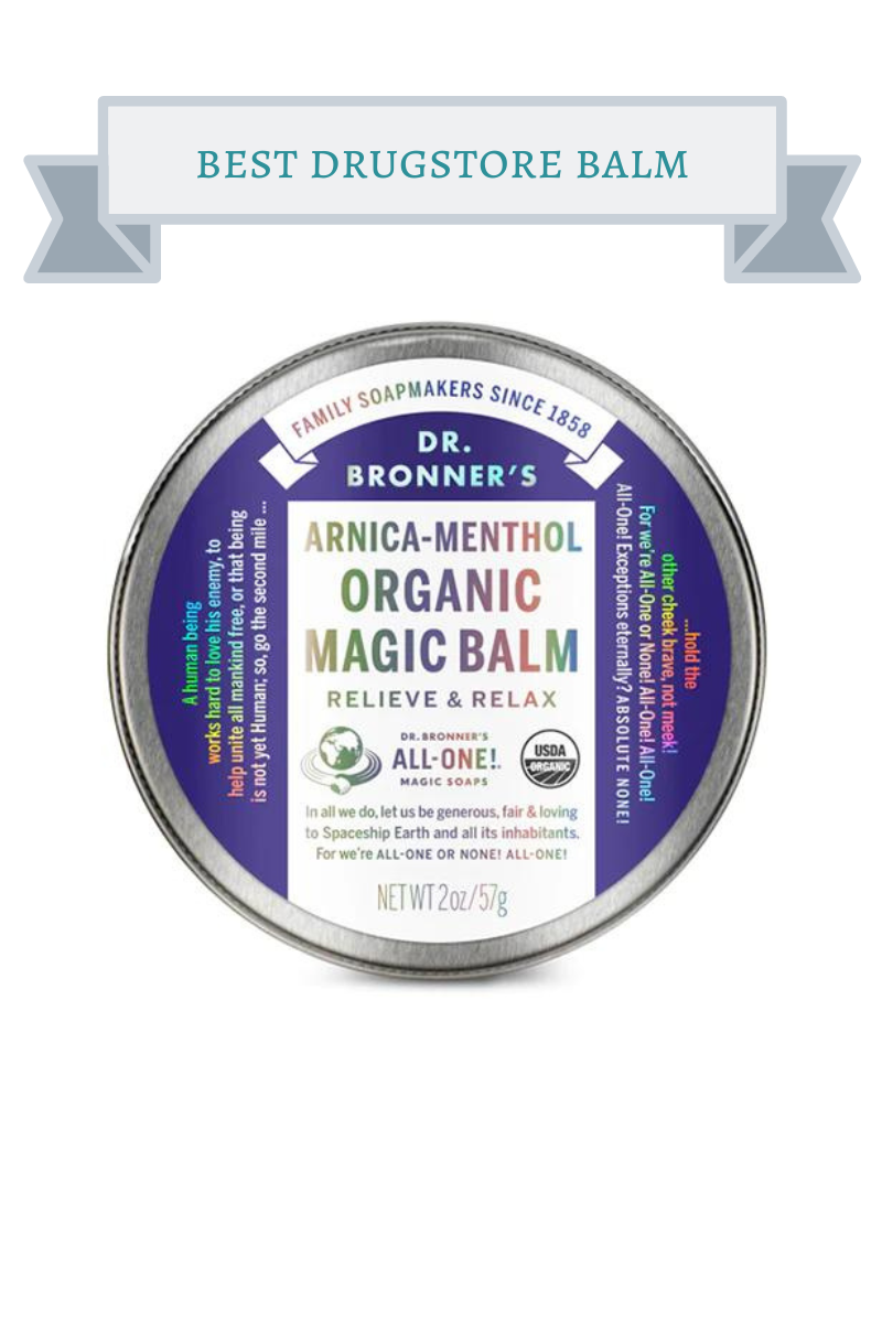 silver tin with blue label and rainbow type of dr. bronner's organic magic balm
