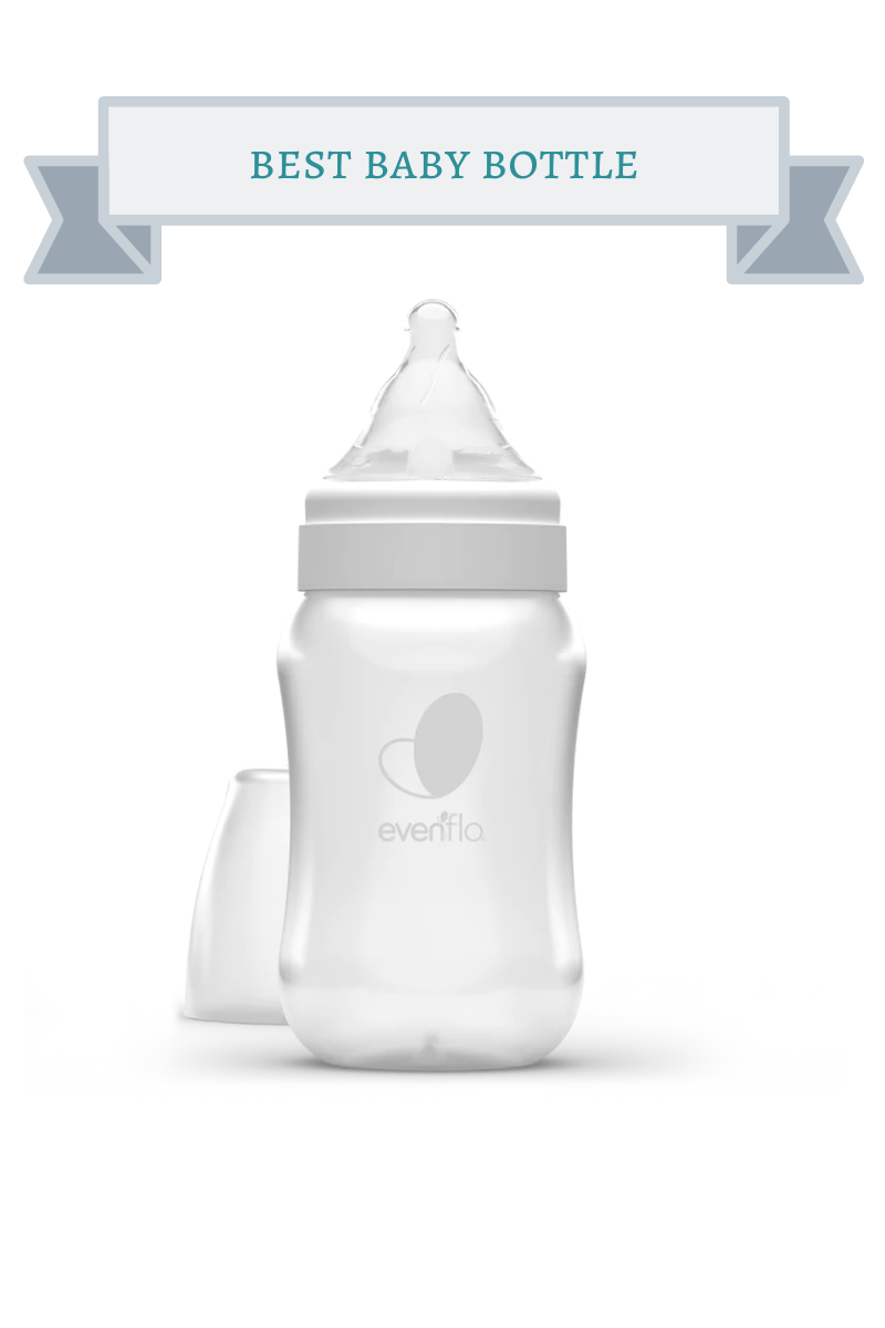 clear baby bottle with gray evenflo logo on it