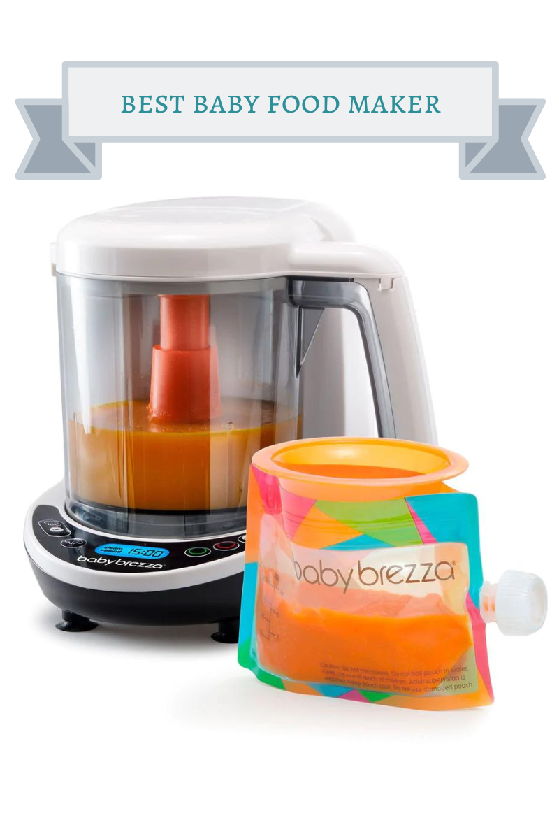 white baby brezza baby food maker with orange baby food in it and a food pouch with mult-colored geometric shapes on it
