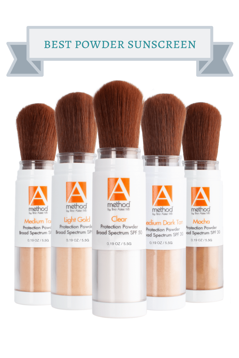 five white tubes with brown brushes of the method powder sunscreen with orange label