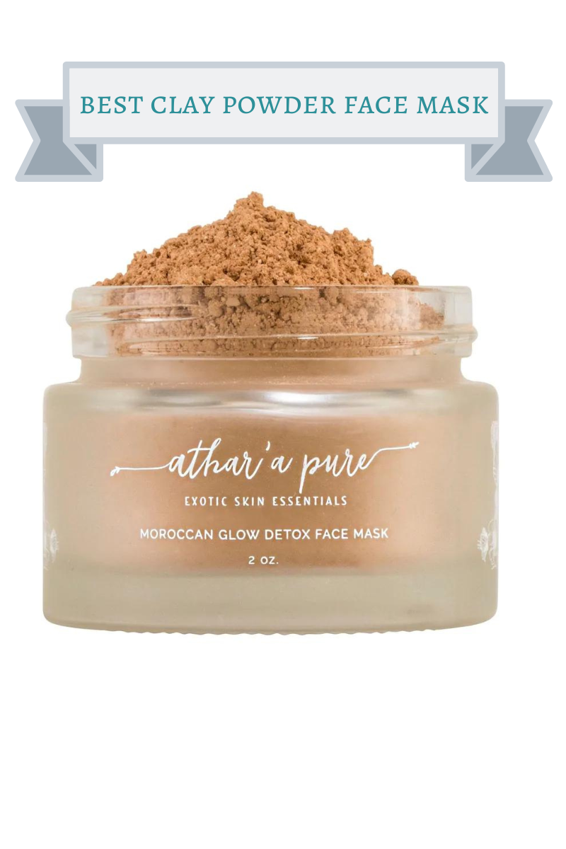 brown powder in clear jar of athar'a pure moroccan glow detox face mask