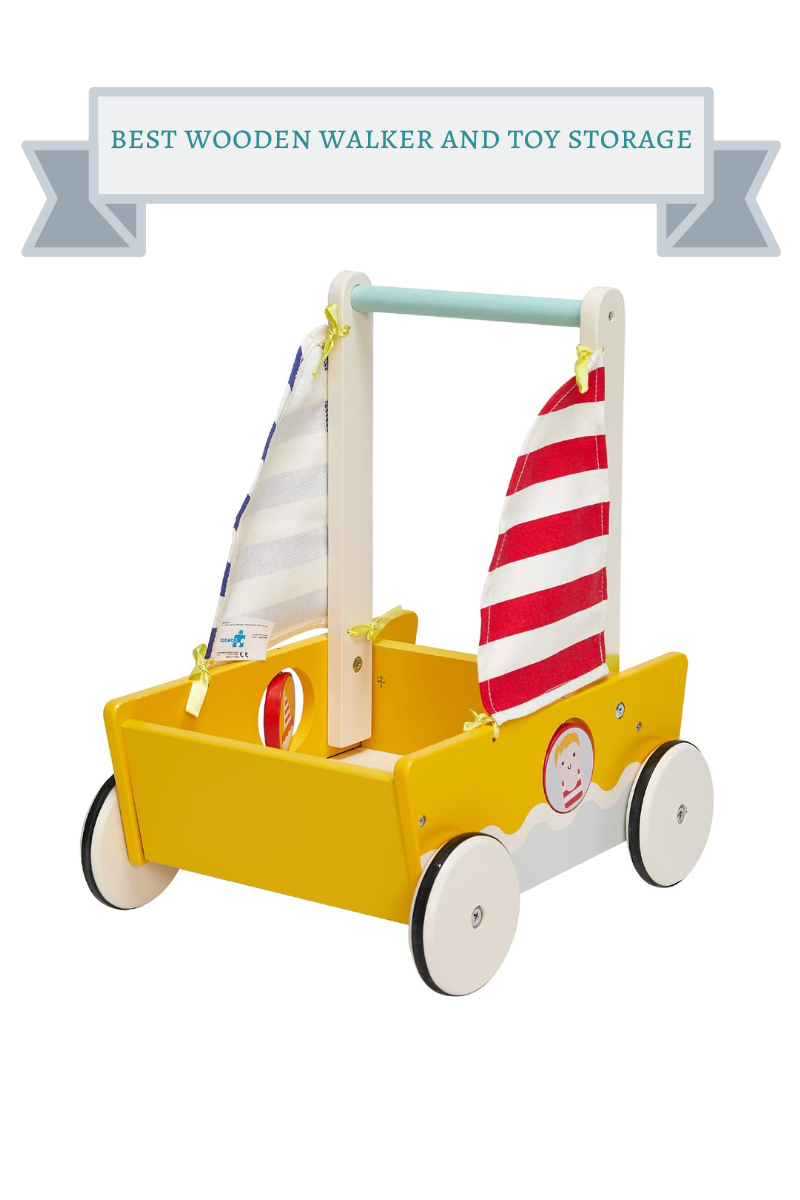boat shaped wooden walker. with red, white and blue sails and yellow body