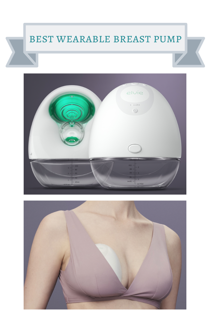 wearable breast pump in nude bra and other part of it is white and clear egg shape with green opening
