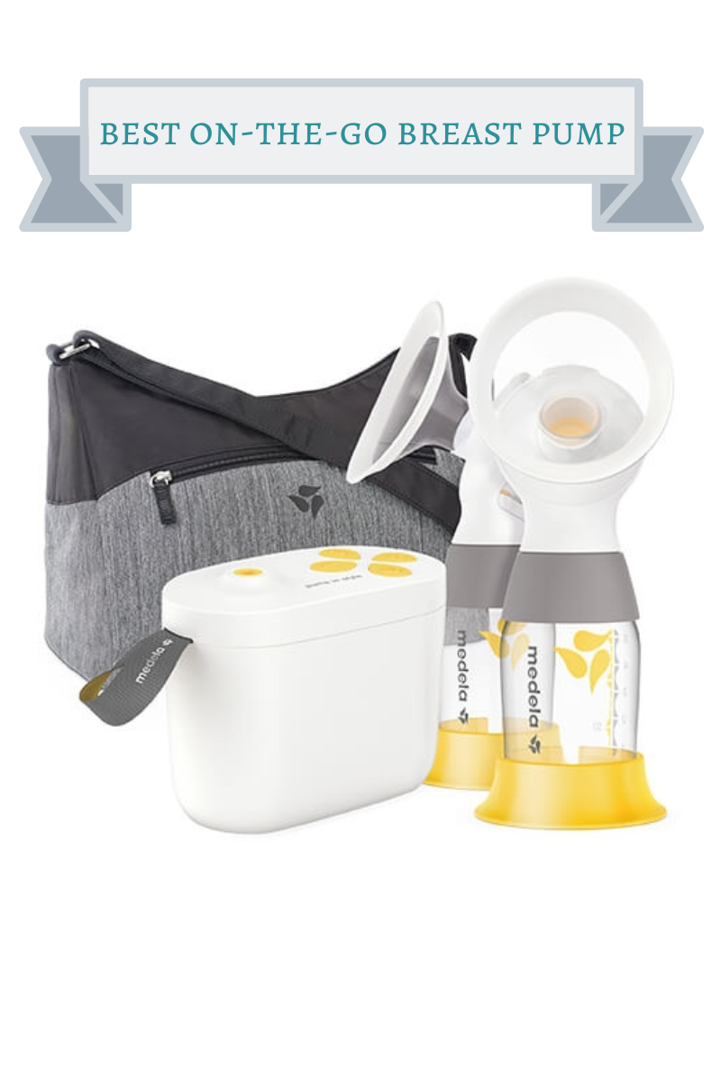 clear, yellow and gray medela breast pump with gray tote bag