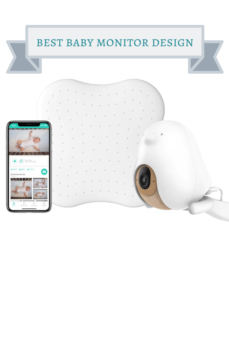 white bird baby monitor camera with white sleep sensor pad and mobile app with baby lying in crib pictured