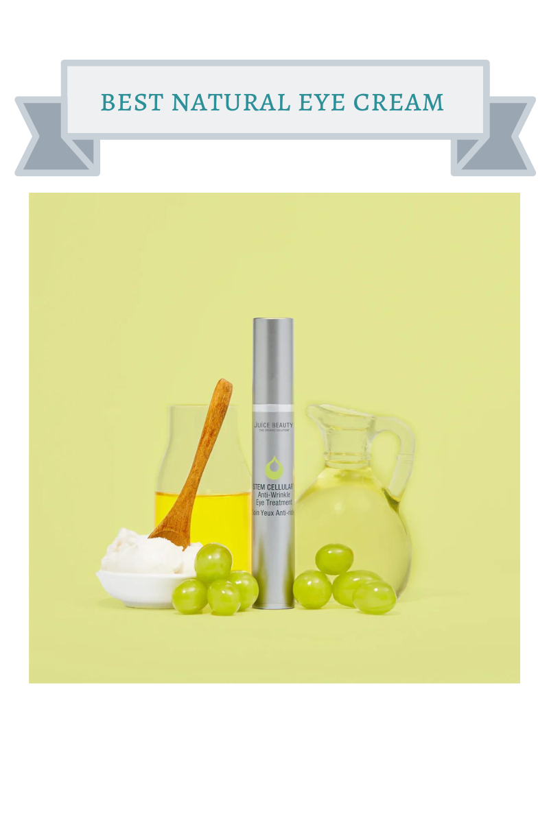 silver tube of juice beauty stem cellular eye treatment next to glass pitchers of green and yellow oil, green grapes and white bowl of white sugar with brown spoon in it