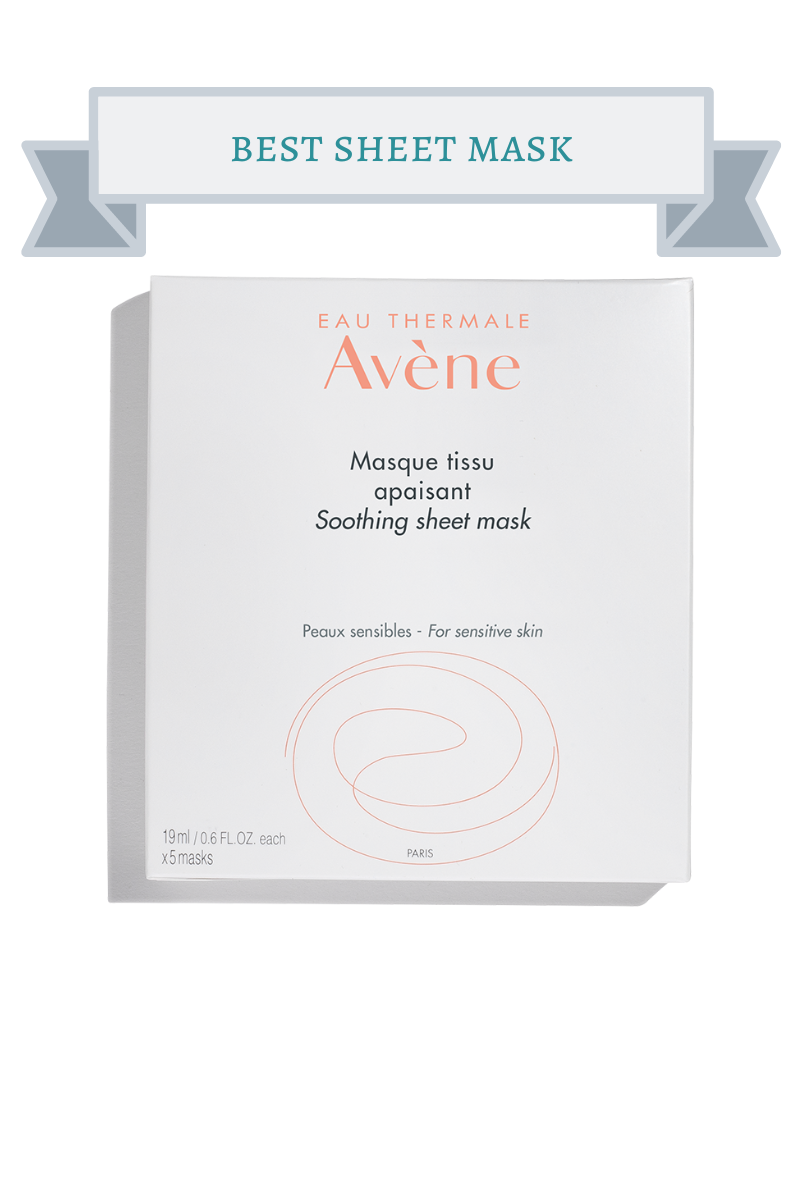 white square avene sheet mask package with peach writing